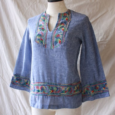 60s Gauzy Embroidered Hippie Tunic Blouse with Bell Sleeves Size S 