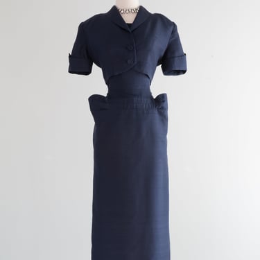 Dramatic 1950's Navy Blue Silk Cocktail dress With Matching Jacket And Pockets / Medium