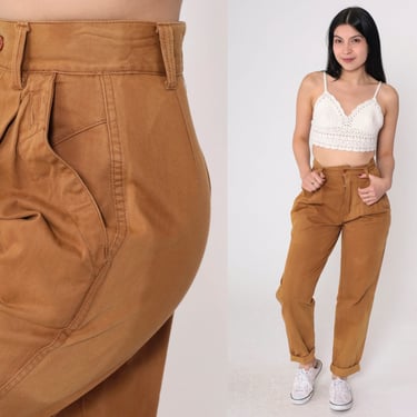 Brown Pleated Pants 90s Trousers Straight Cuffed Leg Slacks Retro High Waisted Rise Preppy Neutral Plain 1990s Vintage Extra Small xs 24 