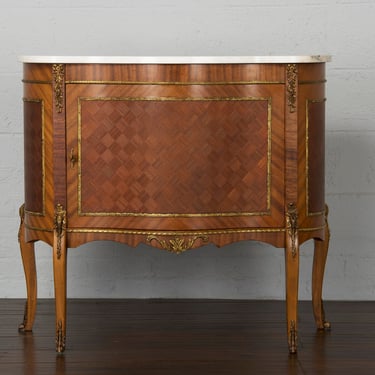 Antique French Louis XV Style Mahogany Low Commode W/ White Marble Top 