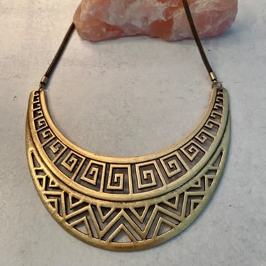 Vintage Gold Tone Crescent Bib Necklace Greek Key 
