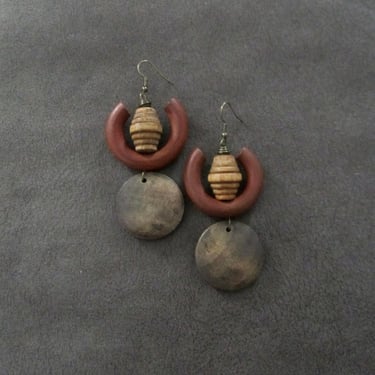 Large wooden mid century modern earrings, earth tones 