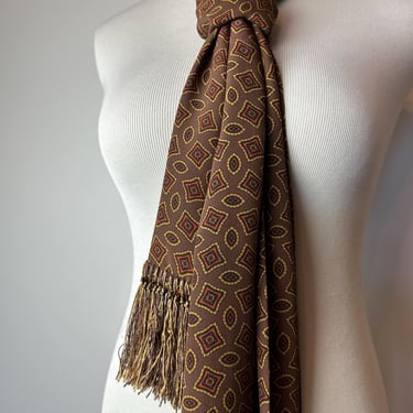 40’s cold rayon scarf~ Men’s fringed ascot ~ brown with print~ pinup rockabilly 1940s 1950s fashion unisex androgynous 