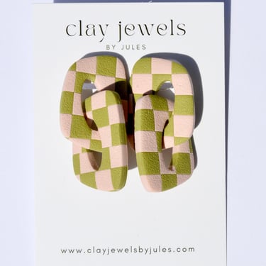 Chartreuse and Pink Checkerboard Link Earrings 
