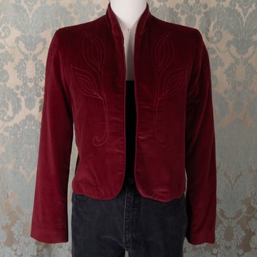Gorgeous 70s Patty Woodard I. Magnin Burgundy Velvet Cropped Jacket with Embroidered Leaf Details 