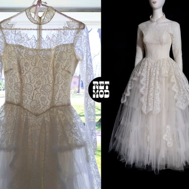 Absolutely Dreamy Vintage 50s White Fluffy Lace Statement Wedding Dress with Sheer Arms & Décolletage 