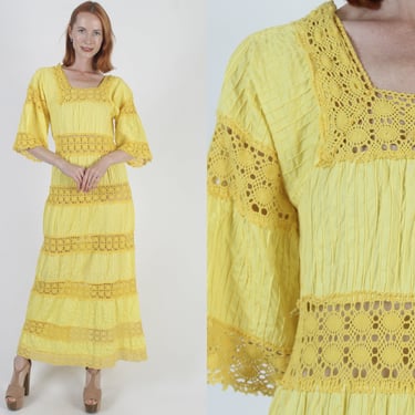 Yellow Bell Sleeve Mexican Wedding Dress Crochet Lace Quinceanera Vestido Festival Pintuck Canary Cotton Fiesta Maxi Dress 