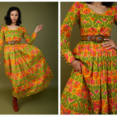 Vintage 1960s 60s 1970s 70s Vibrant Psychedelic Block Print Indian Cotton Full Length Gown Dress w/ Bishop Sleeves 