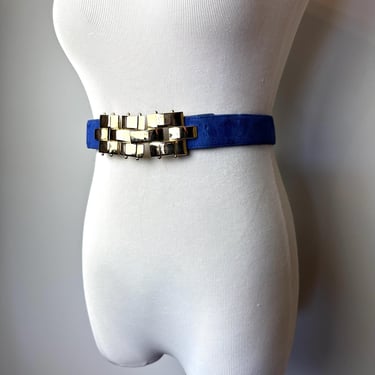 90’s Vibrant blue suede belt with glossy gold buckle~ skinny thin dress belt~ adjustable sizing~ suede leather/ size 