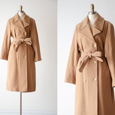 tan cashmere coat | 80s 90s vintage John Weitz dark academia style beige light brown wool cashmere belted princess coat 