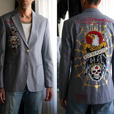 Vintage Ed Hardy by Christian Audigier Hickory Striped Heavily Embroidered & Patched Blazer | UNWORN NWT | Y2K Ed Hardy Designer Jacket 