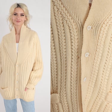 Cream Wool Cardigan 60s Chunky Knit Button up Sweater Retro Bohemian Slouchy Textured Knitwear Grandpa Pockets Fall Vintage 1960s Men's xl 