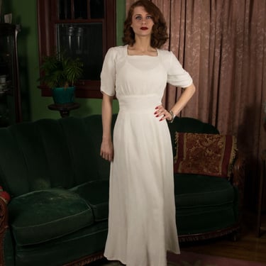 1940s Gown - Deeply Textured Dobby Crepe Vintage 40s Full Length Evening Dress with Midwaist 