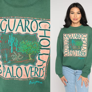 Arizona Cactus Sweatshirt 90s Desert Graphic Sweater Saguaro Cholla Palo Verde Tree Ocotillo Southwestern Shirt Green Vintage 1990s Medium M 