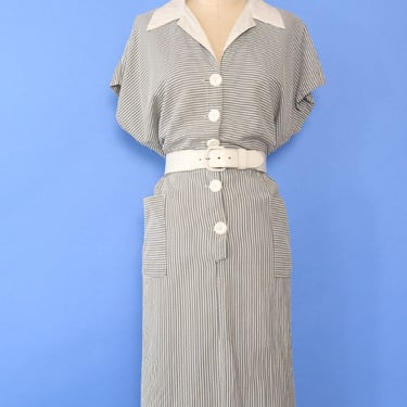 1940s Striped Seersucker Day Dress L/XL
