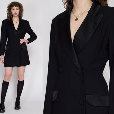 Small 80s Black Mini Power Suit Romper | Vintage Ann Taylor Long Sleeve Wrap Secretary Outfit 