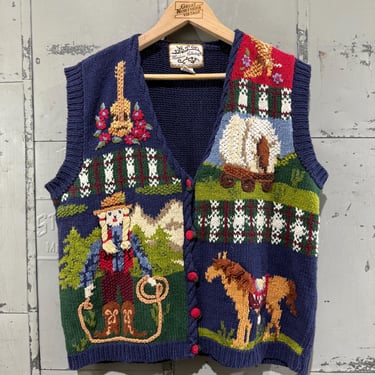 Vintage Farm Horse Picture Knit Sweater Vest Cardigan Heirloom Collectibles Large 