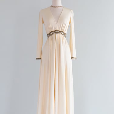 Glamorous 1970s Ivory Goddess Gown With Beading / Small