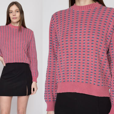 Medium 80s Pink Dash Knit Sweater | Vintage Cute Cropped Pullover Jumper 