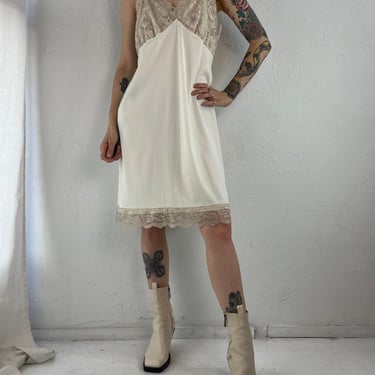 90s 'Vam Roalte' Cream Nylon Lace Slip Dress / Medium 