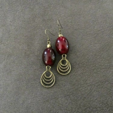 Red bone and bronze artisan earrings 