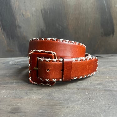 Leather Belt with White Stitched Border