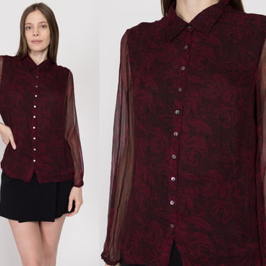 Medium 90s Red & Black Silk Snakeskin Floral Blouse | Vintage Sheer Long Sleeve Button Up Top 