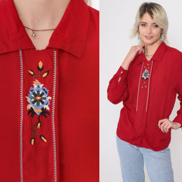 Floral Embroidered Top 90s Red Abstract Flower Shirt Long Sleeve Blouse Hidden Button Up Collared 1990s Vintage Small 6 