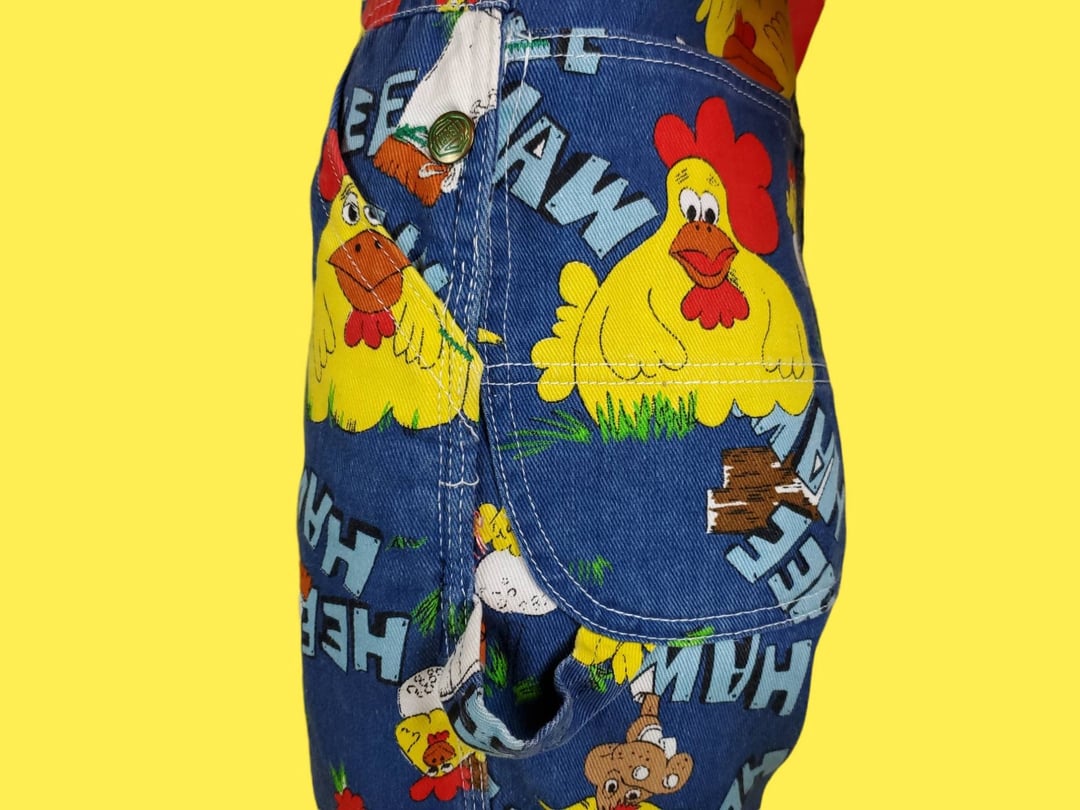 1970s novelty overalls. Hee Haw! Cartoon graphics. Iconic T.V. Bite