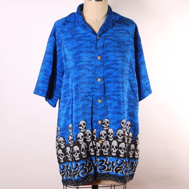 1990s Y2K Novelty Blue, Black and White Skull Border Print Button Down Mens Shirt by Extreme Gear -S 