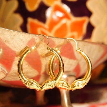 Vintage 14K Gold Kissing Rams Hoop Earrings, Hollow Yellow Gold Hoops, Double Rams Head Embellishment, Etruscan Style, 1 1/8&quot; L 