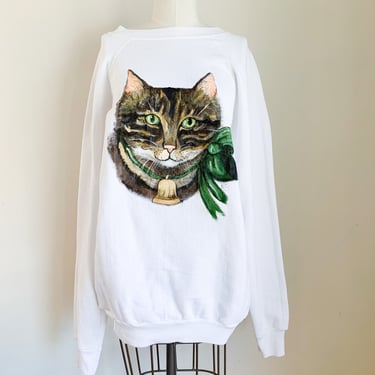 Vintage 1980s Hand Paint Cat Sweatshirt / XL 