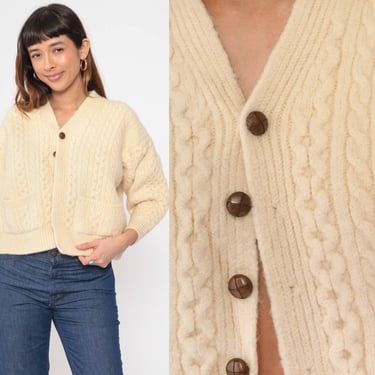 Cream Wool Cardigan 80s Cropped Cable Knit Sweater Button Up Fisherman Sweater Boho Chunky Bohemian Grandpa Cableknit Vintage 1980s Large L 