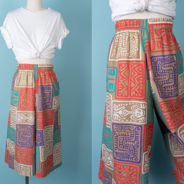 Vintage 80s Aztec Print Culottes with Elastic Waist and Pockets 
