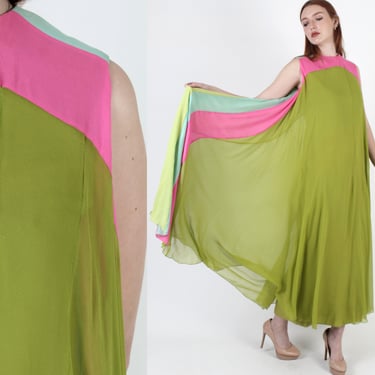 60s Chartreuse Silk Chiffon Maxi Dress, Pink Striped Ethereal Gypsy Cocktail Long Gown 