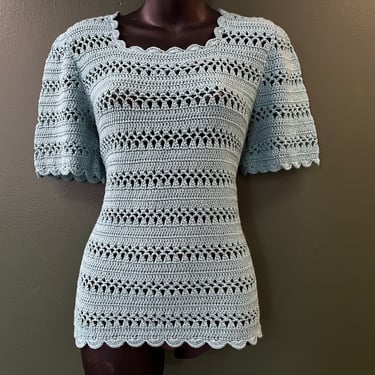 vintage blue crochet blouse open knit short sleeve top large 