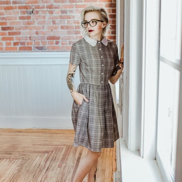 ACADEMY Gray Plaid  - retro day dress with white collar in gray plaid. Full gathered skirt with short sleeves, knee skirt and pockets 