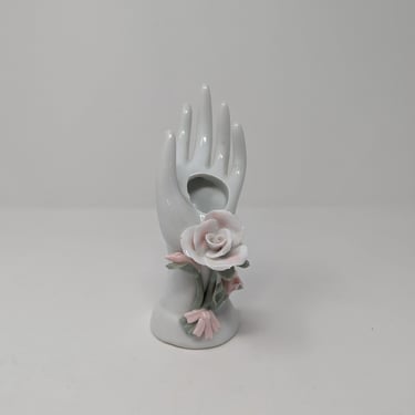 Vintage White Ceramic Hand Bud Vase with Roses - 7