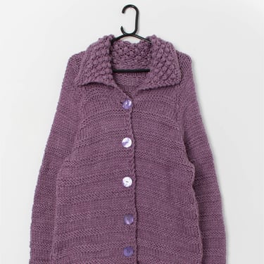 Vintage lilac handknitted oversized cardigan, loose knit - Medium / Large 