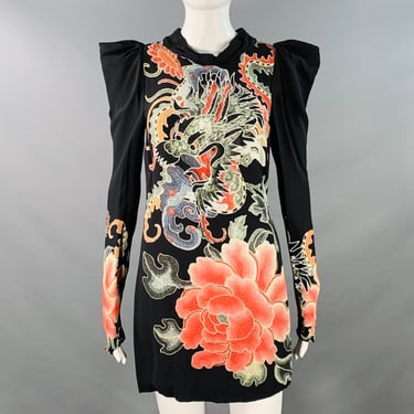 JOHN RICHMOND Size S Guereda Black Multi Color Viscose Dragon Long Sleeve Cocktail Dress
