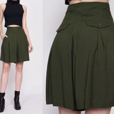 90s Army Green Rayon Shorts - Small, 27" | Vintage Forenza High Waisted A Line Pleated Shorts 