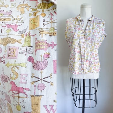 Vintage 1960s Weathervane Novelty Print Blouse / XS-S 