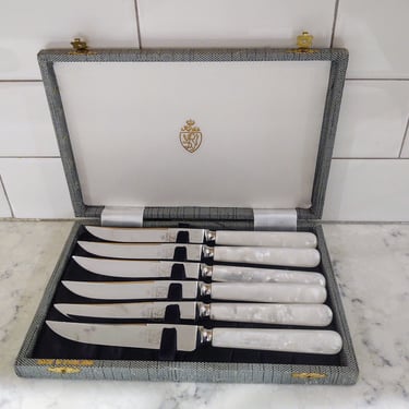 Vintage Kirk's Sheffield England Stainless Steel 6 Piece Knife Set in Original Box Mother of Pearl Handles. 