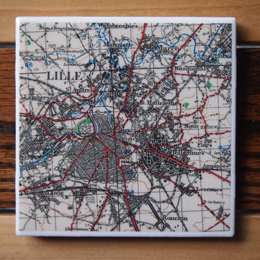 1944 Lille France Vintage Map Coaster. France Gift. Lille Map. French Décor. European Travel Gift. Vintage France Map. Europe History Gift. 