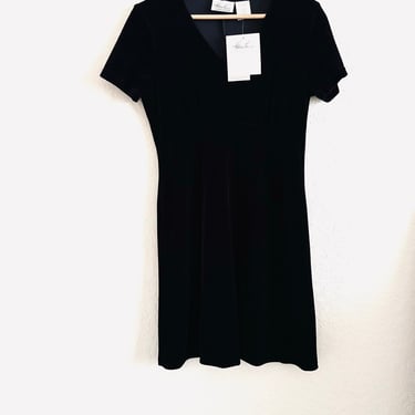 Kathie Lee Collection 90s Vintage Black V Neck Short Sleeve Velvet Dress Size Small 