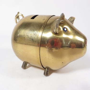 Vintage Brass Pig Piggy Bank  - Brass Pig Bank Rhinestones 