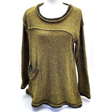 Designer One Size Sage Green Hand Knit Sweater Woven W/Pockets Woven PULLOVER! 