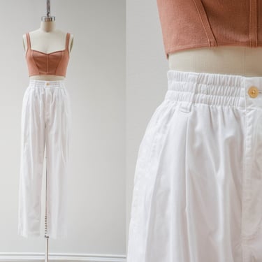 high waisted pants | 80s 90s vintage Eddie Bauer white cotton academia style pleated trousers 