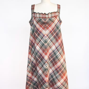 1970s Jumper Dress Plaid Chevron Shift M 