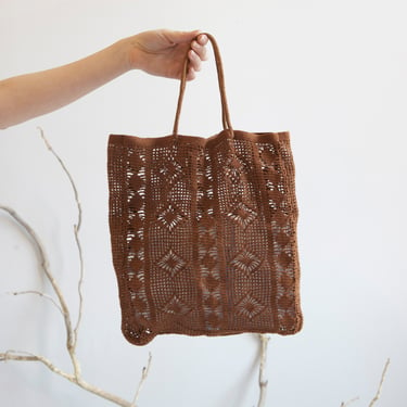 vintage copper brown crocheted prairie bag 